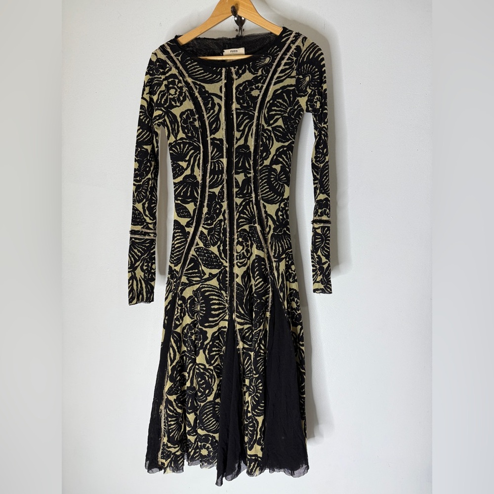 Fuzzi Black White Batik Print Mesh Dress Midi Witch‎ Goth Large